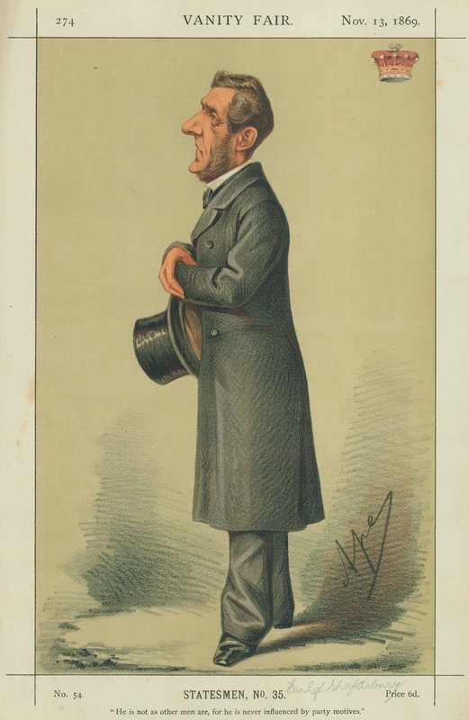 Conde de Shaftesbury, No es como otros hombres porque nunca se ve afectado por motivos partidistas, 13 de noviembre de 1869, caricatura de Vanity Fair de Carlo Pellegrini
