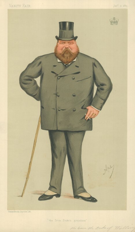 Su Gracia el Duque de Wellington, el Nieto del Duque de Hierro, 3 de enero de 1885, caricatura de Vanity Fair de Carlo Pellegrini
