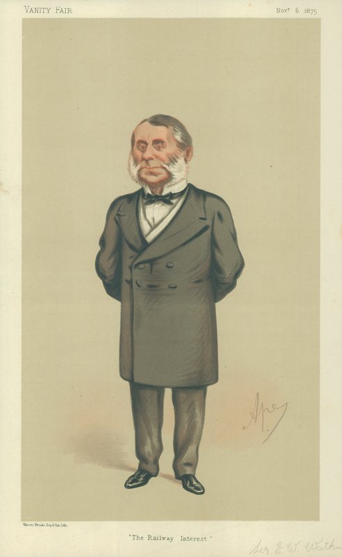 Sir Edward William Watkin, El Interés Ferroviario, 6 de noviembre de 1875, caricatura de Vanity Fair de Carlo Pellegrini
