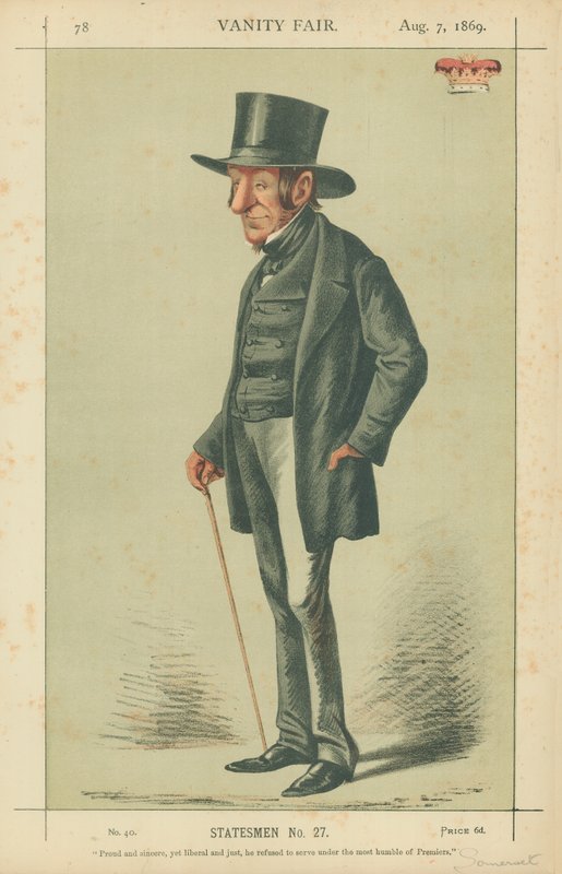 El Duque de Somerset, orgulloso y sincero pero liberal y justo, se negó a servir bajo este más humilde de los primeros ministros, 7 de agosto de 1869, caricatura de Vanity Fair de Carlo Pellegrini