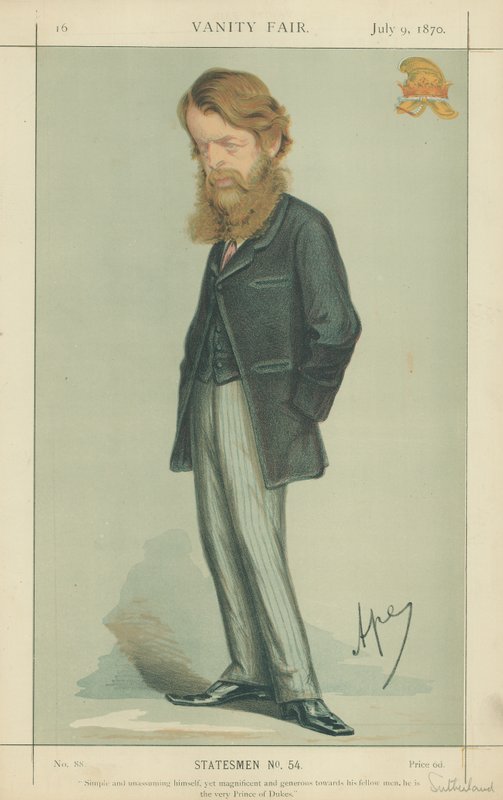 El Duque de Sutherland, simple y modesto él mismo pero magnífico y generoso hacia sus semejantes, el mismo Príncipe de los Duques, 9 de julio de 1870, caricatura de Vanity Fair de Carlo Pellegrini