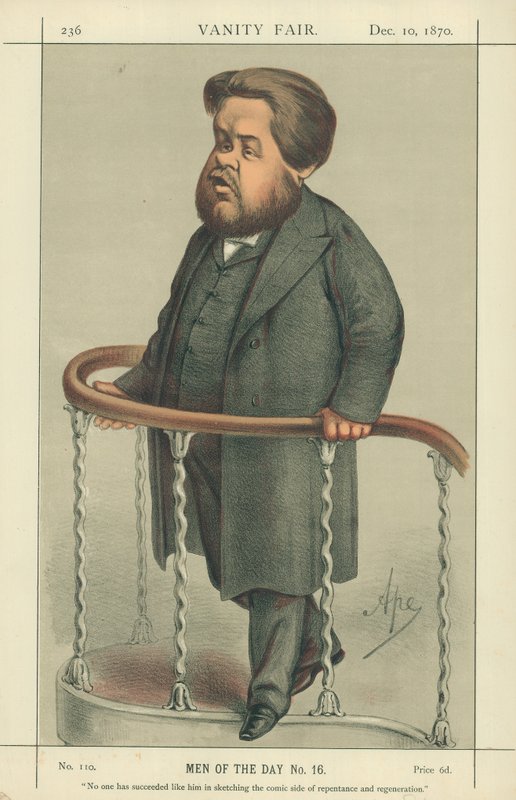 El reverendo Charles Spurgeon, nadie ha tenido tanto éxito como él en esbozar el lado cómico del arrepentimiento y la regeneración, 17 de julio de 1880, caricatura de Vanity Fair de Carlo Pellegrini