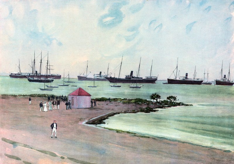 Buques españoles capturados anclados en el puerto de Man-of-War, Key West. Vista desde la explanada cerca de los cuarteles del ejército de los Estados Unidos de Carlton Theodore Chapman