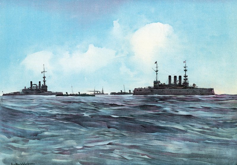 El Indiana y Nueva York flanqueados y custodiados por torpederos y cruceros de Carlton Theodore Chapman