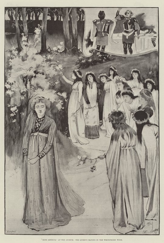 Rey Arturo, en el Lyceum, la fiesta de mayo de la reina en el bosque de espino blanco de Cecil Charles Windsor Aldin