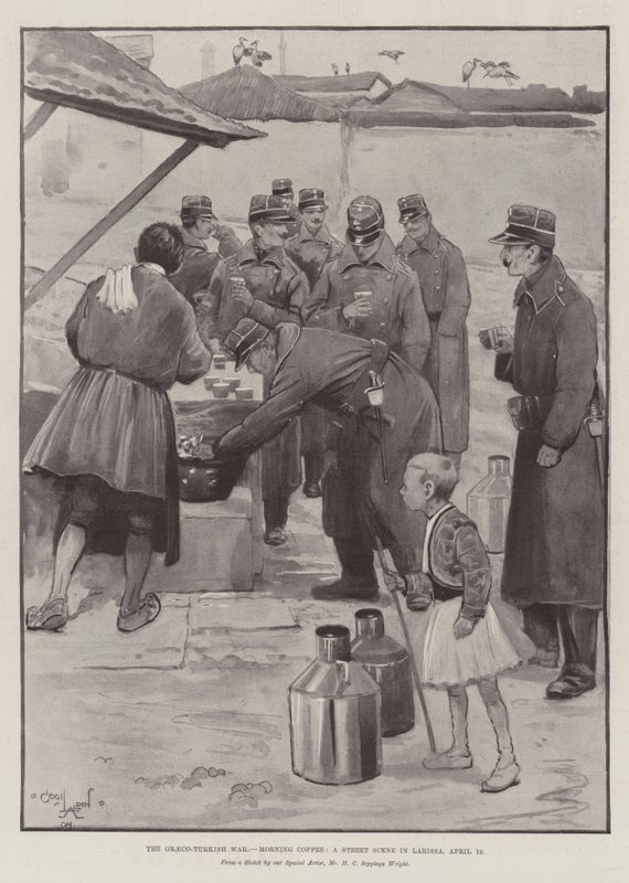 La guerra greco-turca, café de la mañana, una escena callejera en Larissa, 19 de abril de Cecil Charles Windsor Aldin