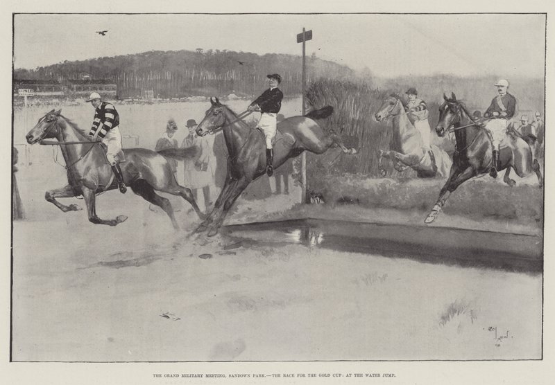 La gran reunión militar, Sandown Park, la carrera por la Copa de Oro, en el salto de agua de Cecil Charles Windsor Aldin