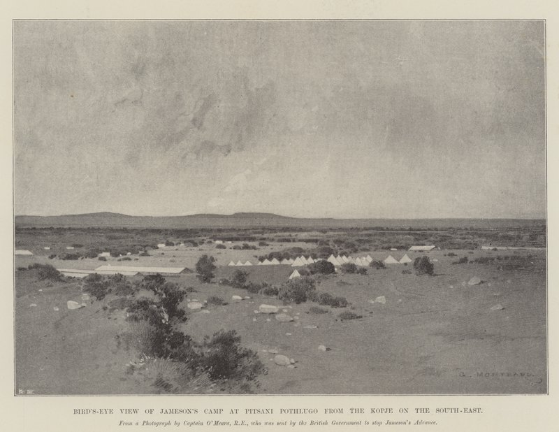Vista aérea del campamento de Jameson en Pitsani Pothlugo desde el Kopje en el sureste de Charles Auguste Loye