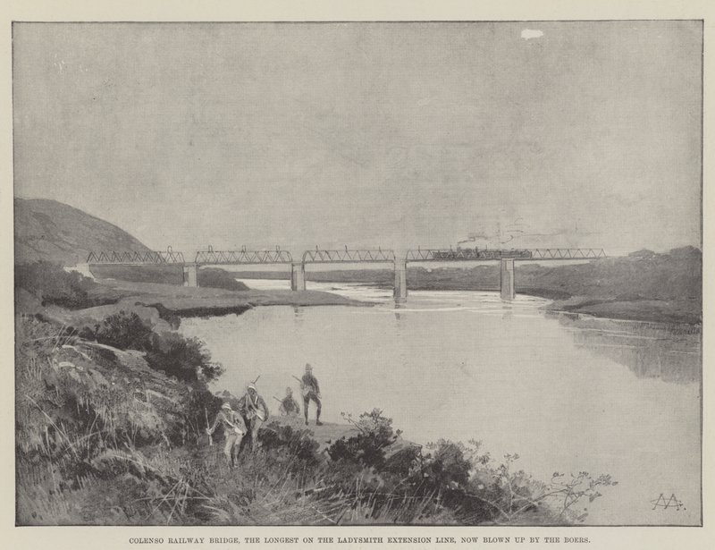 Puente ferroviario de Colenso, el más largo en la línea de extensión de Ladysmith, ahora volado por los bóers de Charles Auguste Loye