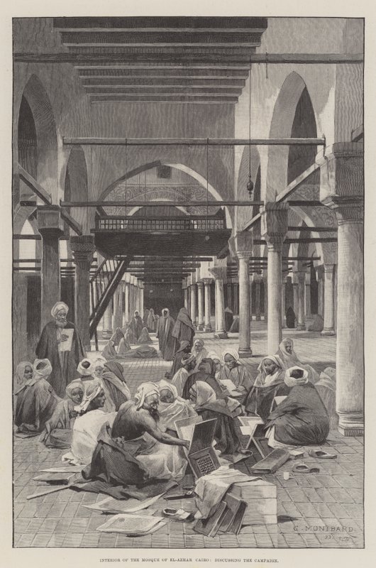 Interior de la Mezquita de El-Azhar, El Cairo, discutiendo la campaña de Charles Auguste Loye