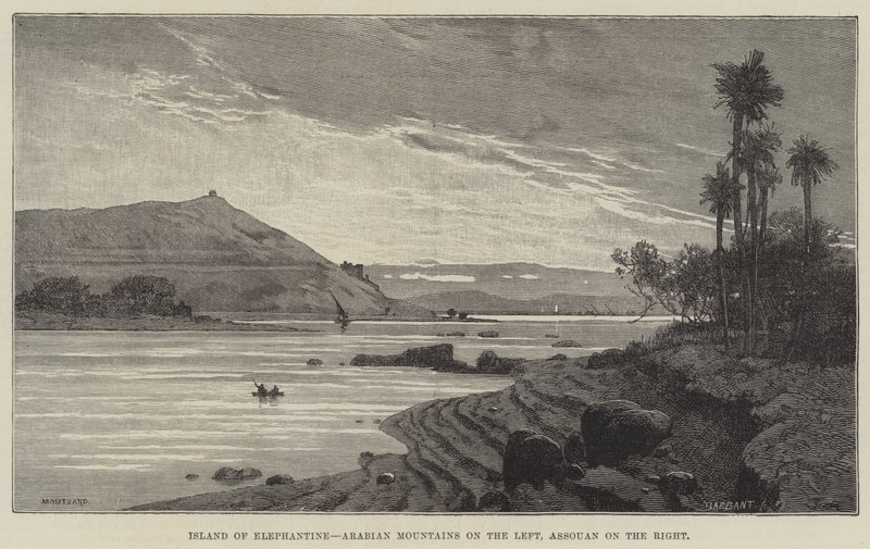 Isla de Elefantina, montañas árabes a la izquierda, Asuán a la derecha de Charles Auguste Loye