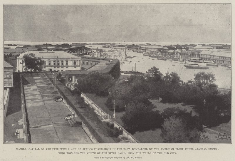 Manila, capital de Filipinas y de las posesiones de España en el Este, bombardeada por la flota americana bajo el mando del almirante Dewey, vista hacia la desembocadura del río Pasig, desde las murallas de la ciudad vieja de Charles Auguste Loye