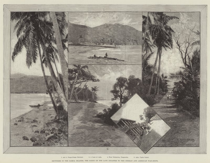 Bocetos en las Islas Samoa, el Escenario del reciente Desastre a los Buques de Guerra Alemanes y Americanos de Charles Auguste Loye
