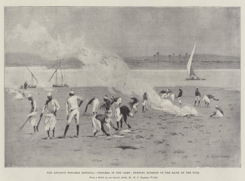 El avance hacia Dongola, cólera en el campamento, quemando basura en la orilla del Nilo de Charles Auguste Loye
