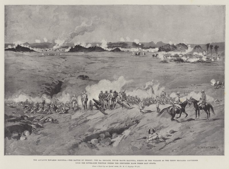 El Avance hacia Dongola, la Batalla de Ferket, la 3ª Brigada, bajo el mando del Mayor Maxwell, disparando al Pueblo mientras las Tres Brigadas convergían en la Posición junto al Río donde los Derviches hicieron la de Charles Auguste Loye