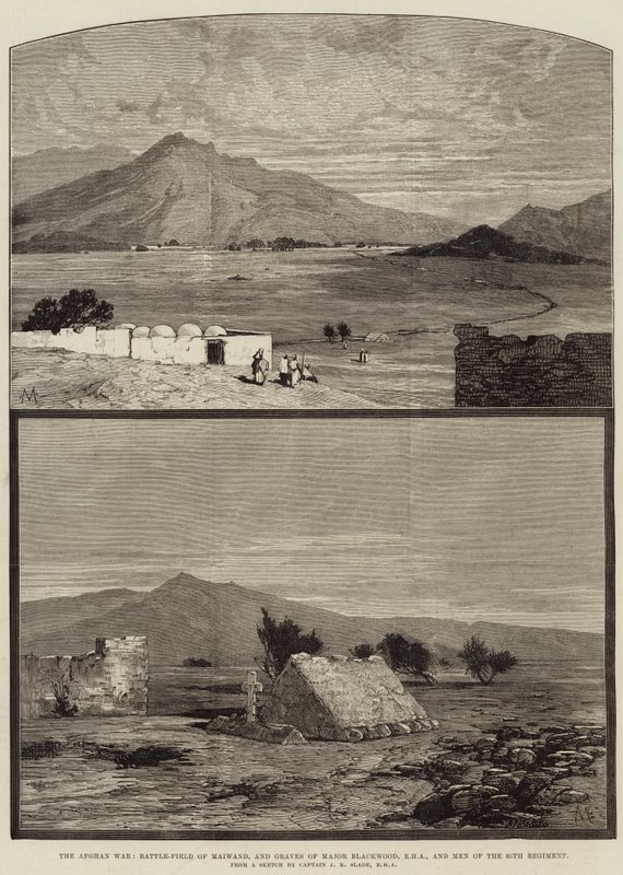 La guerra afgana, campo de batalla de Maiwand, y tumbas del mayor Blackwood, RHA, y hombres del 66º Regimiento de Charles Auguste Loye