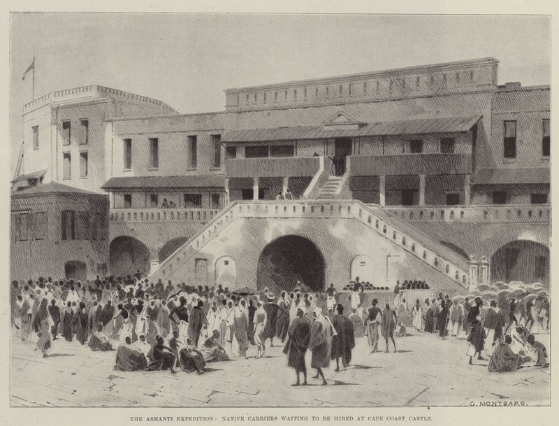 La Expedición Ashanti, Porteadores Nativos esperando ser contratados en el Castillo de Cape Coast de Charles Auguste Loye