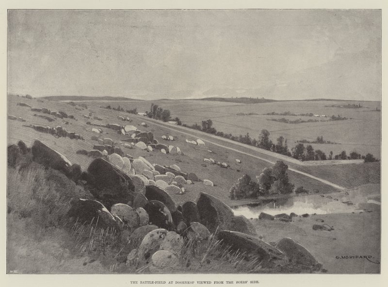 El campo de batalla en Doornkop visto desde el lado de los bóers de Charles Auguste Loye