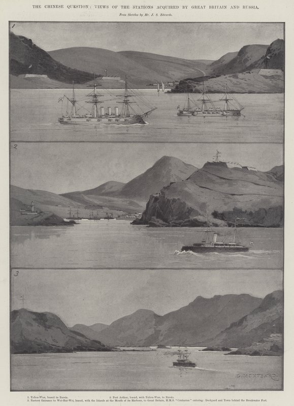 La cuestión china, vistas de las estaciones adquiridas por Gran Bretaña y Rusia de Charles Auguste Loye