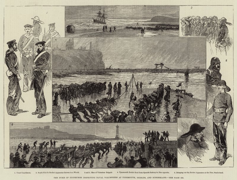 El Duque de Edimburgo inspeccionando a los voluntarios navales en Tynemouth, Shields y Sunderland de Charles Auguste Loye