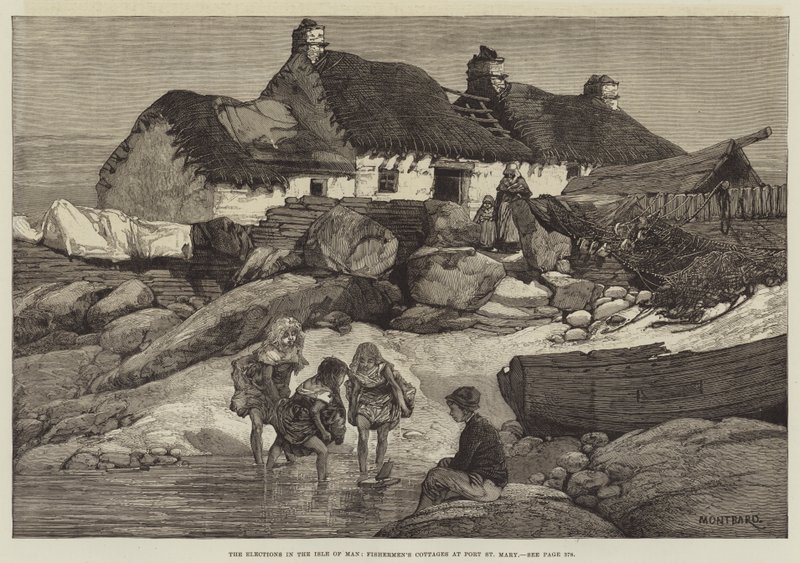 Las elecciones en la Isla de Man, cabañas de pescadores en Port St Mary de Charles Auguste Loye