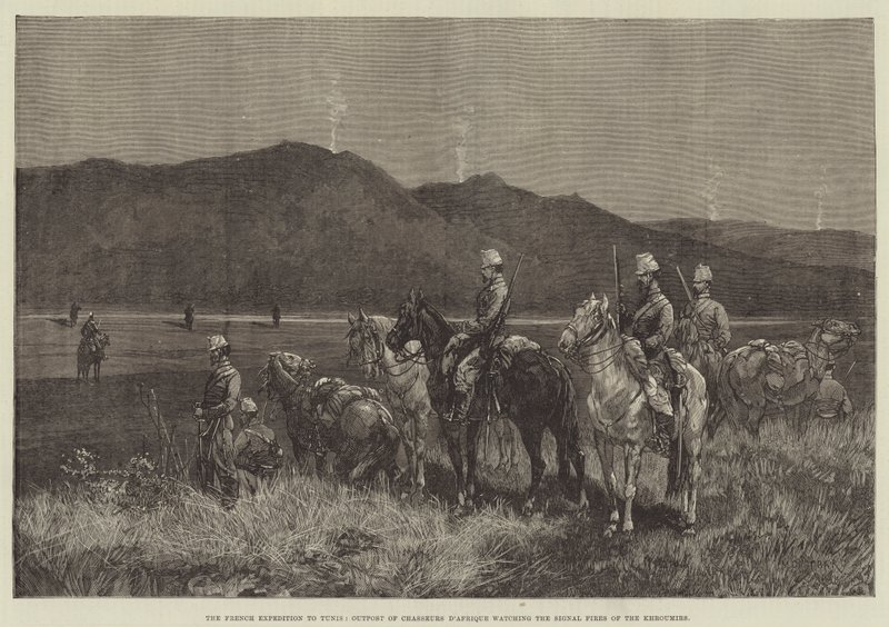 La expedición francesa a Túnez, puesto avanzado de cazadores de África viendo las señales de fuego de los Khroumirs de Charles Auguste Loye