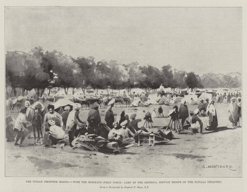 El levantamiento de la frontera india, con la Fuerza de Campo Mohmand, Campamento de las Tropas de Servicio Imperial de la Infantería de Patiala de Charles Auguste Loye