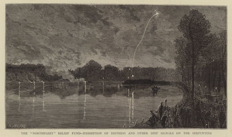 El Fondo de Ayuda de Northfleet, Exhibición de Señales de Angustia y otras Señales de Barcos en el Serpentine de Charles Auguste Loye