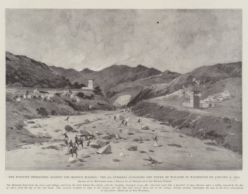 Las operaciones punitivas contra los Mahsud Waziris, los 2º Gurkhas atacando la Torre de Waladin en Waziristán el 2 de enero de 1902 de Charles Auguste Loye
