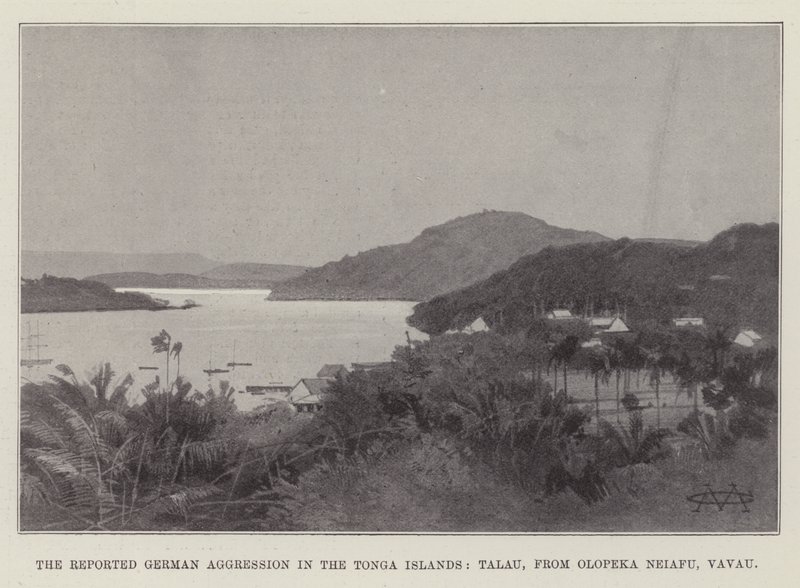 La supuesta agresión alemana en las Islas Tonga, Talau, desde Olopeka Neiafu, Vavau de Charles Auguste Loye