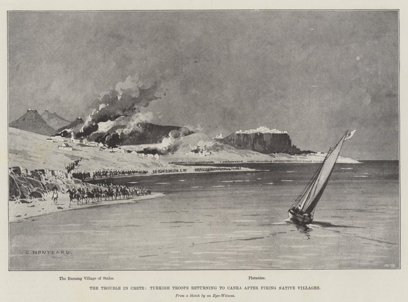 El problema en Creta, tropas turcas regresando a Canea después de incendiar aldeas nativas de Charles Auguste Loye