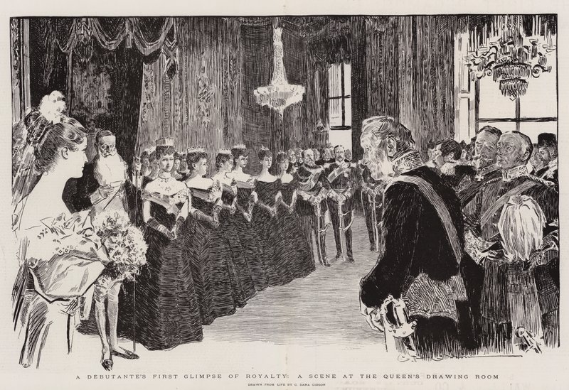 El primer vistazo de una debutante a la realeza, una escena en el salón de la reina de Charles Dana Gibson