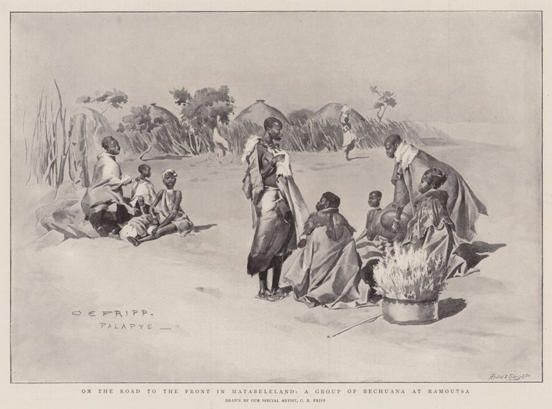 En el camino al frente en Matabeleland, un grupo de Bechuana en Ramoutsa de Charles Edmund Brock