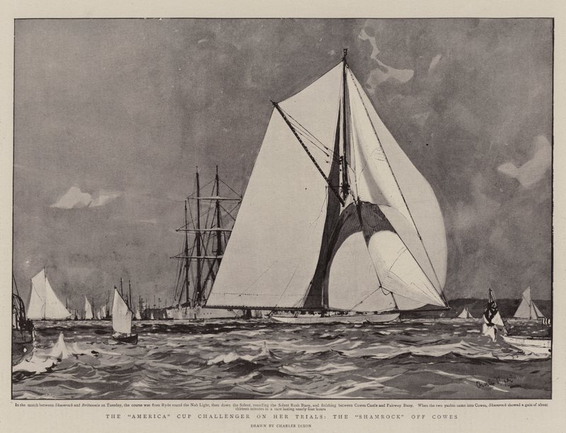 El retador de la Copa América en sus pruebas, el Shamrock frente a Cowes de Charles Edward Dixon