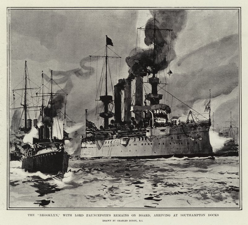 El Brooklyn, con los Restos de Lord Pauncefote a Bordo, llegando a los Muelles de Southampton de Charles Edward Dixon