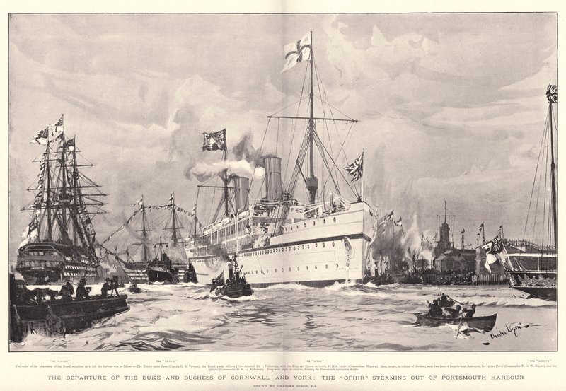 La partida del Duque y la Duquesa de Cornualles y York, el Ophir saliendo del puerto de Portsmouth de Charles Edward Dixon
