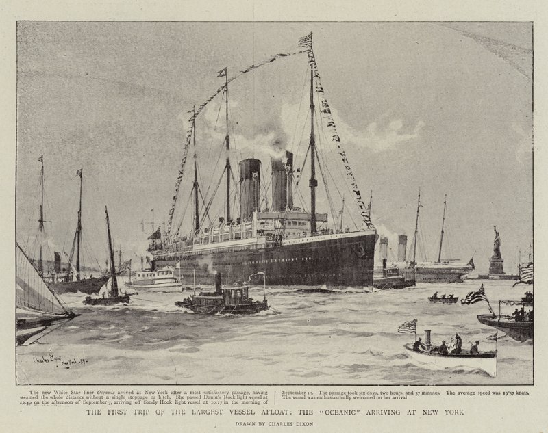 El primer viaje del barco más grande a flote, el Oceanic llegando a Nueva York de Charles Edward Dixon