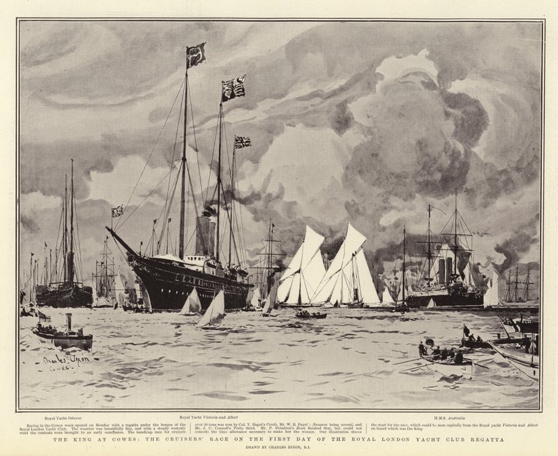 El rey en Cowes, la carrera de cruceros en el primer día de la regata del Royal London Yacht Club de Charles Edward Dixon