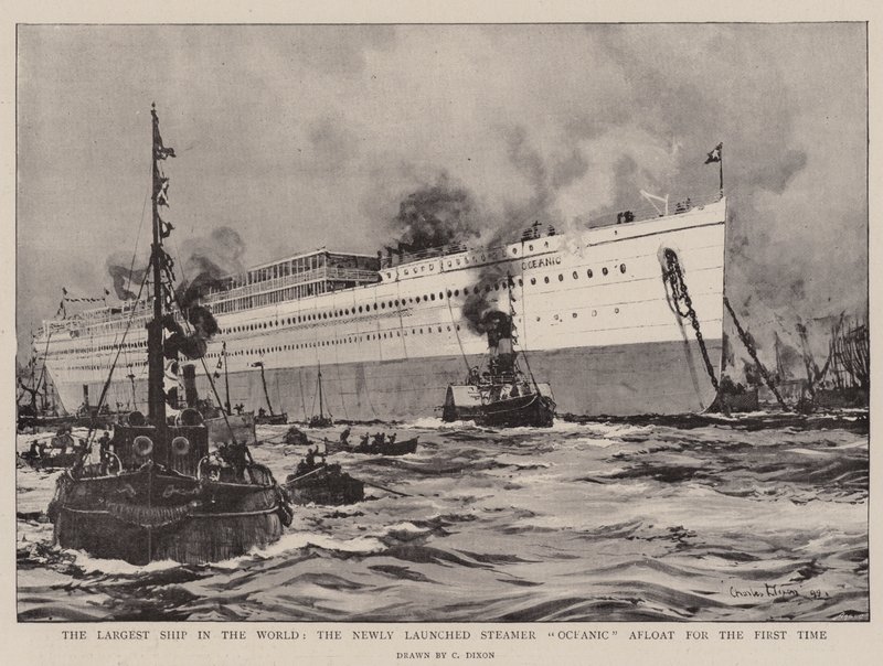 El barco más grande del mundo, el recién lanzado vapor Oceanic flotando por primera vez de Charles Edward Dixon