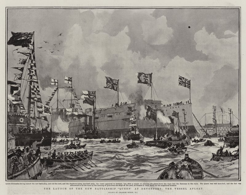 El lanzamiento del nuevo acorazado Queen en Devonport, el buque a flote de Charles Edward Dixon