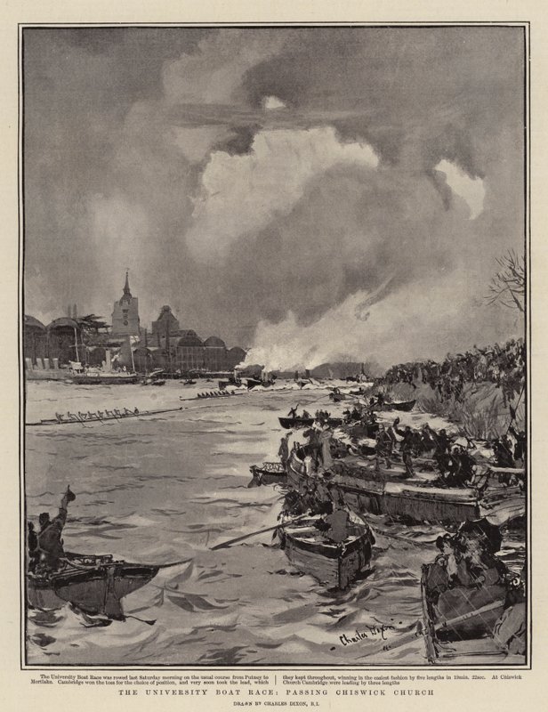 La carrera de botes de la universidad, pasando por la iglesia de Chiswick de Charles Edward Dixon