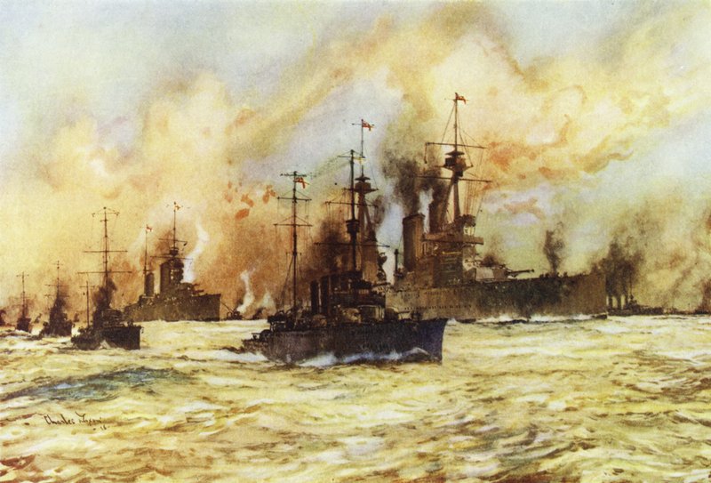 El crucero de batalla Indomitable remolcando el crucero de batalla herido Lion después de la Batalla del Banco Dogger, 24 de enero de 1915 de Charles Edward Dixon