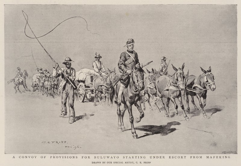 Un convoy de provisiones para Buluwayo partiendo bajo escolta desde Mafeking de Charles Edwin Fripp