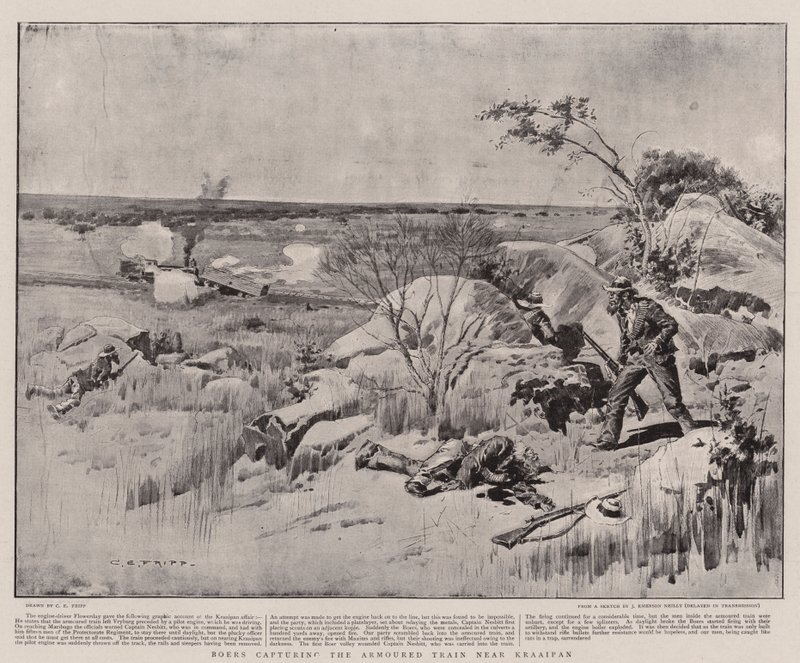 Los bóers capturando el tren blindado cerca de Kraaipan de Charles Edwin Fripp