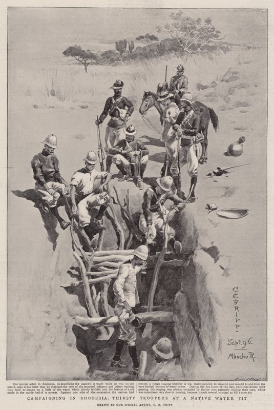 Campaña en Rodesia, soldados sedientos en un pozo de agua nativo de Charles Edwin Fripp