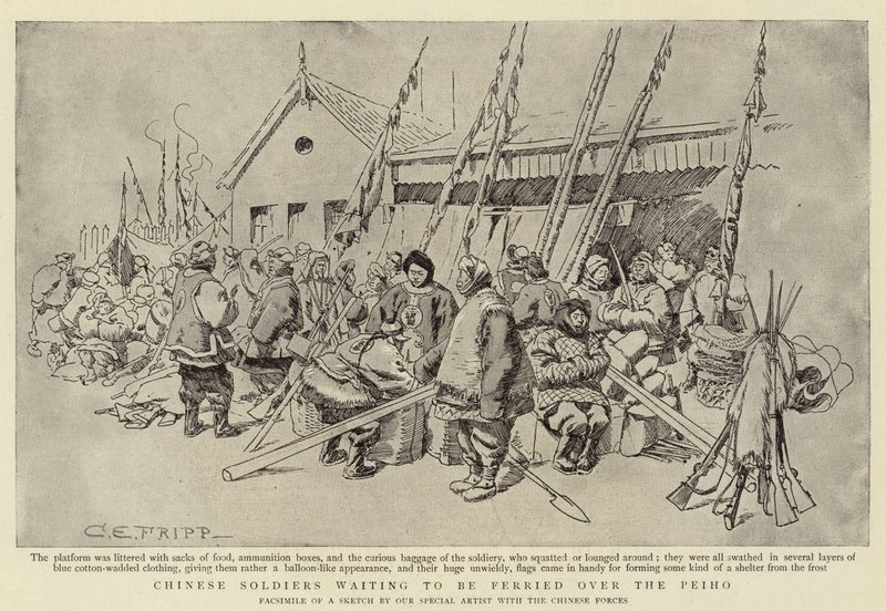 Soldados Chinos esperando ser transportados por el Peiho de Charles Edwin Fripp