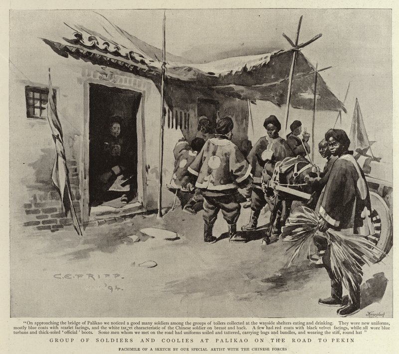 Grupo de soldados y coolies en Palikao en el camino a Pekín de Charles Edwin Fripp