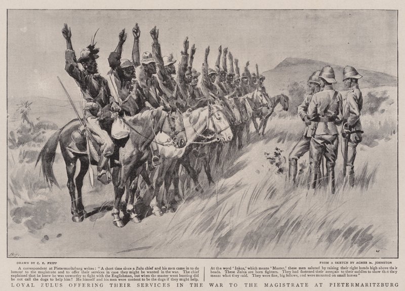 Zulúes leales ofreciendo sus servicios en la guerra al magistrado en Pietermaritzburg de Charles Edwin Fripp