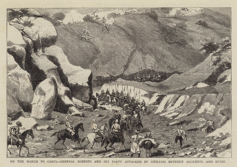 En la marcha a Kabul, el general Roberts y su grupo atacados por Ghilzais entre Ali-Kheyl y Kushi de Charles Edwin Fripp