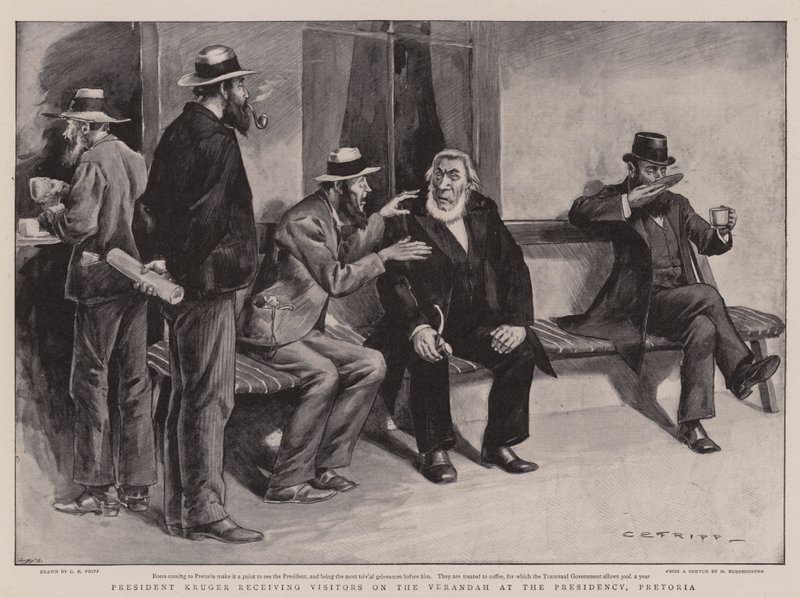 El presidente Kruger recibiendo visitantes en la veranda de la Presidencia, Pretoria de Charles Edwin Fripp